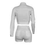 Pure Color Casual Pocket Long Sleeve Crop Top and Shorts 2PCS Set