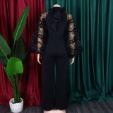 Black Mesh Patchwork Puff Sleeve Wide Leg Jumpsuit with Belt