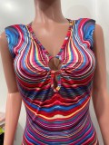 Print Striped Sleeveless Padded Shoulder Midi Dress
