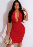 Women Sexy Low Neck Plunge Neck Shiny Bodycon Ruched Dress