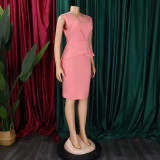 Elegant Pleated Trim Career Bodycon Midi Dress