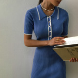 Sexy Contrasting Polo Collar Knit Ribbed Short Sleeve Midi Dress