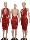 Women Sexy Low Neck Plunge Neck Shiny Bodycon Ruched Dress