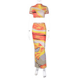 Fashion Print Short Sleeve Crop Top Slim Long Skirt 2PCS Set