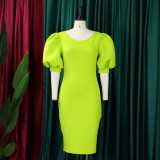 Puff Sleeve Round Neck Solid Career Bodycon Dress
