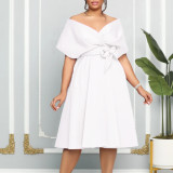 Solid V Neck Off Shoulder Sexy Tie Waist Party Dress