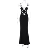 Fashion Sexy Solid Hollow Out Slim Low Back Cami Maxi Dress