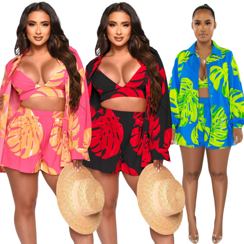 Trendy Tropical Print 3 Piece Shrots Set