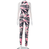 Cutout Print Cropped Tank Top and Pants Casual Two Piece Set