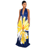 Sexy Print Plunge Backless Halter Maxi Dress
