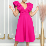 Deep V Neck Ruffles Sexy Solid A-Line Party Dress