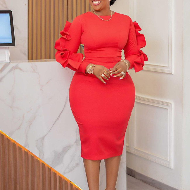 Solid O-Neck Elegant Ruffles Long Sleeve Midi Dress