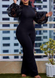 Black Mesh Patchwork Puff Sleeve Wide Leg Jumpsuit with Belt