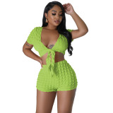 Sexy Tie Front Crop Top Solid Two-Piece Shorts Set