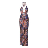 Halter Sexy Low Back Printed Cutout Slim Fit Maxi Dress