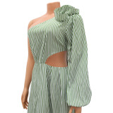 Sexy One Shoulder Single Sleeve Striped Slit Maxi Dress