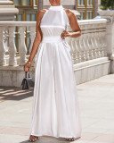 Halter Neck Satin Sleeveless Wide Leg Jumpsuit