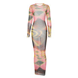 Fashion Printed Round Neck Long Sleeve Bodycon Maxi Dress