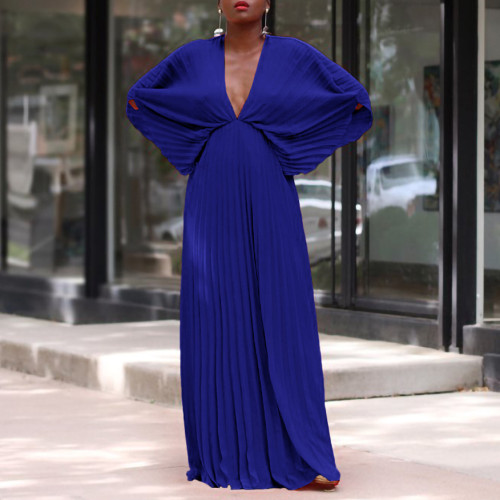 Solid V-Neck Bat Sleeves Loose Maxi Pleated Dress