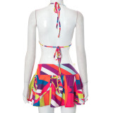 Printed Bra Top Zipper Skirt Casual 2PCS Set