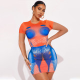 Sexy Trendy Print Short Sleeve Bodysuit + Short Skirt Slim Fit 2PCS Set