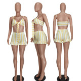 Sexy 2PCS Set Fashion Ribbed Striped Ruffle Bra Top + Shorts Set