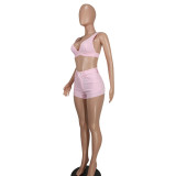 Ladies Sexy Pink Denim Two Piece Shorts Set
