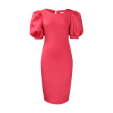 Puff Sleeve Round Neck Solid Career Bodycon Dress