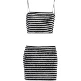 Sexy Black White Striped Cropped Cami Top High Waist Mini Skirt 2PCS Set