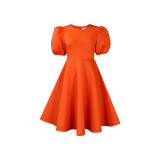 Round Neck Puff Sleeve Short Sleeve A-Line Party Dress