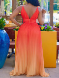 Deep V-Neck Gradient Sexy Cami Pleated Maxi Dress