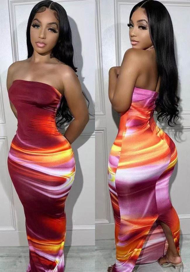 Sexy Strapless Positioning Print Slit Back Maxi Dress