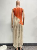 Sexy Sleeveless Hollow Out Knitting Color Block Beach Maxi Dress