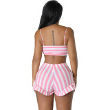 Sexy 2PCS Set Fashion Ribbed Striped Ruffle Bra Top + Shorts Set