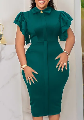 Solid Elegant Ruffle Short Sleeve OL Bodycon Dress