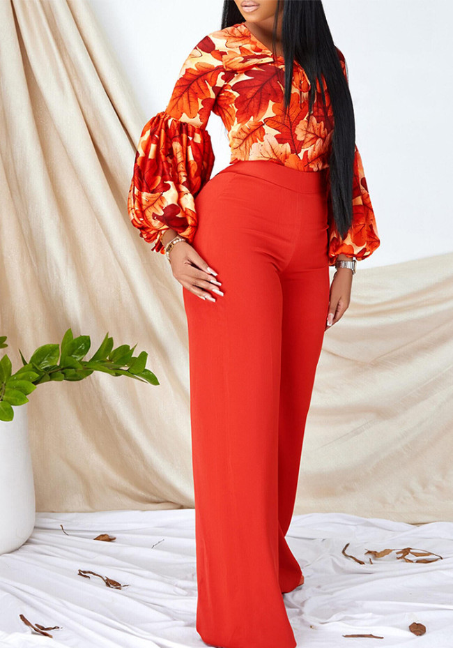 Fashion Leaf Print Lace-Up Top Wide Leg Pants 2-Piece Set