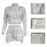 Pure Color Casual Pocket Long Sleeve Crop Top and Shorts 2PCS Set