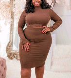 Plus Size Ribbed Long Sleeve O-Neck Tight Fit Two Piece Skirt Set