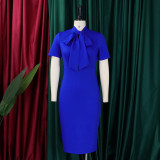 Fashion Tie Neck Short Sleeve Pencil Chic Midi Dress