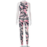 Cutout Print Cropped Tank Top and Pants Casual Two Piece Set