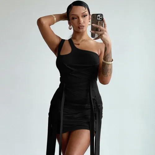 Fashion Cutout One Shoulder Tie Solid Sexy Bodycon Dress