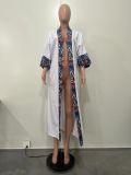 Printed Contrast 3/4 Sleeve Long Cardigan Outerwear
