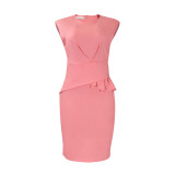 Elegant Pleated Trim Career Bodycon Midi Dress