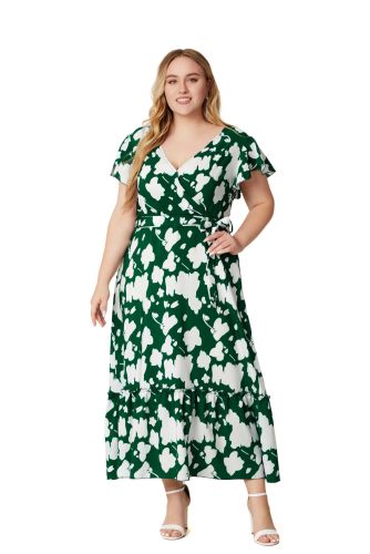 Plus Size Print Green V-Neck Casual Dress