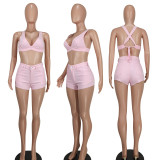 Ladies Sexy Pink Denim Two Piece Shorts Set