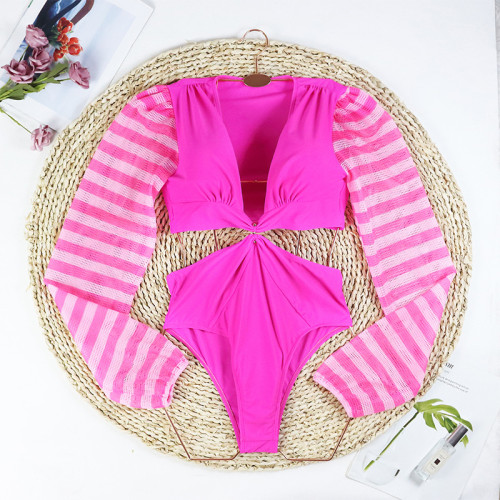 Hot Pink Long Sleeve Sexy One Piece Swimsuit
