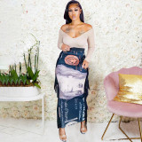 Trendy Side Fringe Dollar Print Long Skirt