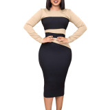 Ladies Chic Career Contrast Color Long Sleeve Bodycon Dress