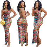 Striped Sleeveless Colorful Print Open Back Maxi Slit Dress