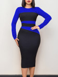 Ladies Chic Career Contrast Color Long Sleeve Bodycon Dress
